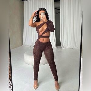 MyOutfitOnline Brown Crocodile Print One-Shoulder Cutout Jumpsuit